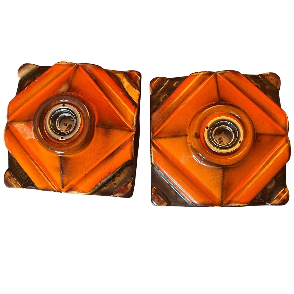 Vtg 70s Orange Brown Ceramic‎ Fat Lava Wall Light Pan Ceramics Germany READ
